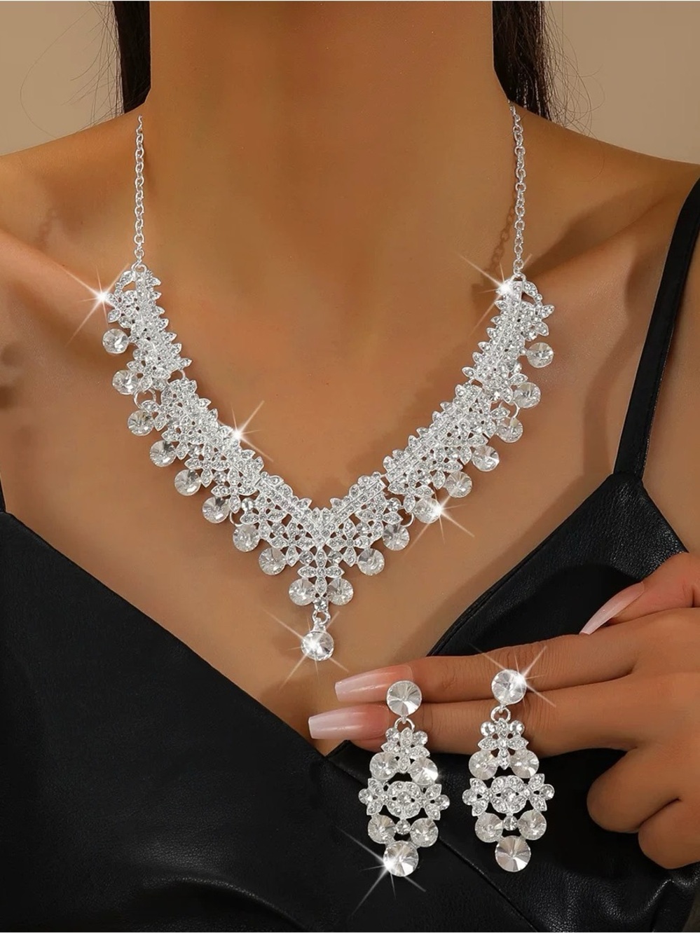 Elegant Silver-Tone Crystal Necklace and Earring Set